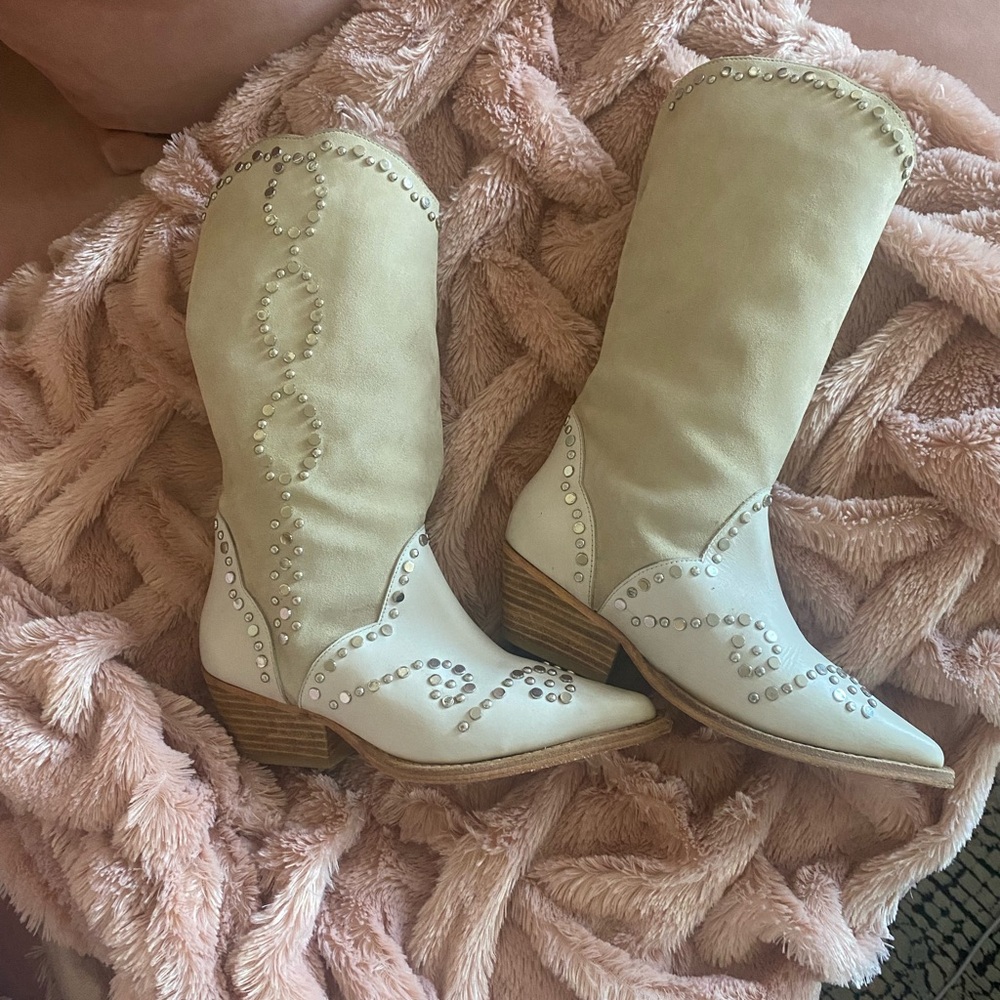 Free People Beige Studded Heeled Boots